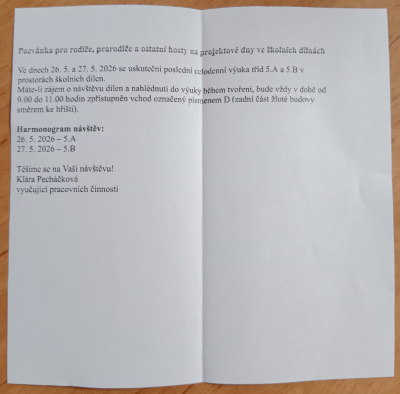 Projektové dny - Den otevřených dveří pro rodiče